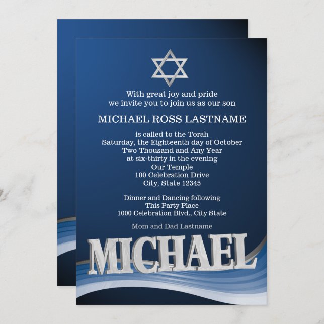 Invitation Michael Steel Wave Name Bar Mitzvah (Devant / Derrière)