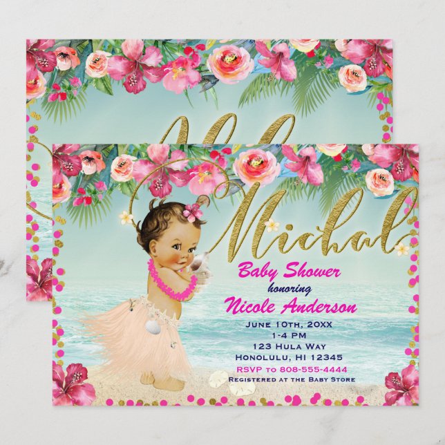 Invitation MICHAL Aloha Baby shower Hawaiian Retro Beach (Devant / Derrière)
