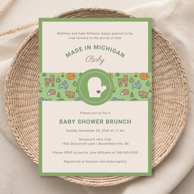Invitation Michigan Woodland Animaux Baby shower vert (Créateur téléchargé)