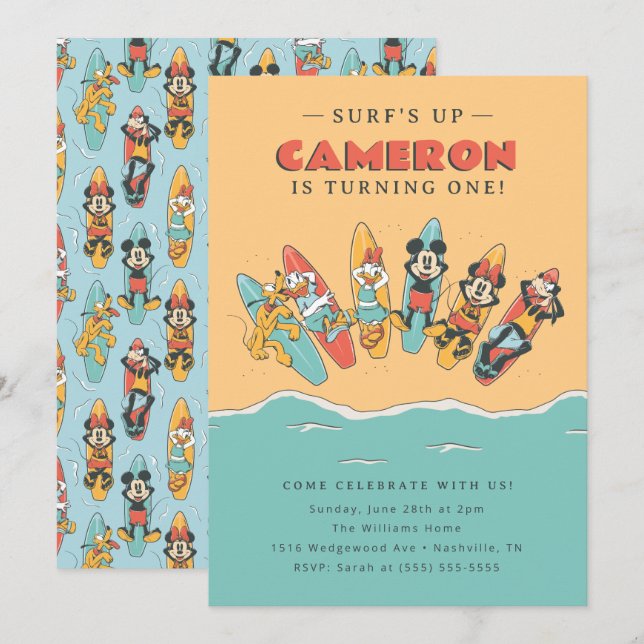 Invitation Mickey et les amis Surf à l'été Anniversaire (Devant / Derrière)