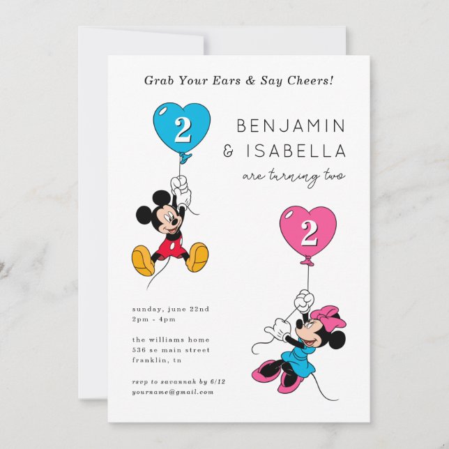 Invitation Mickey & Minnie Balloons | Jumeaux (Devant)
