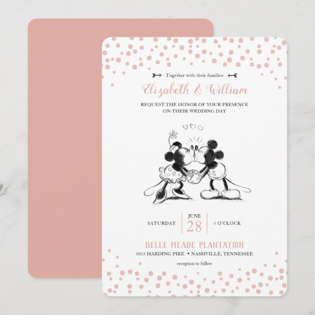 Invitation Mickey & Minnie | Mariage Confetti rose (Devant / Derrière)