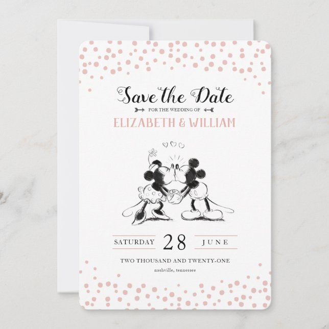 Invitation Mickey & Minnie Pink Confetti Enregistrer la date (Devant)