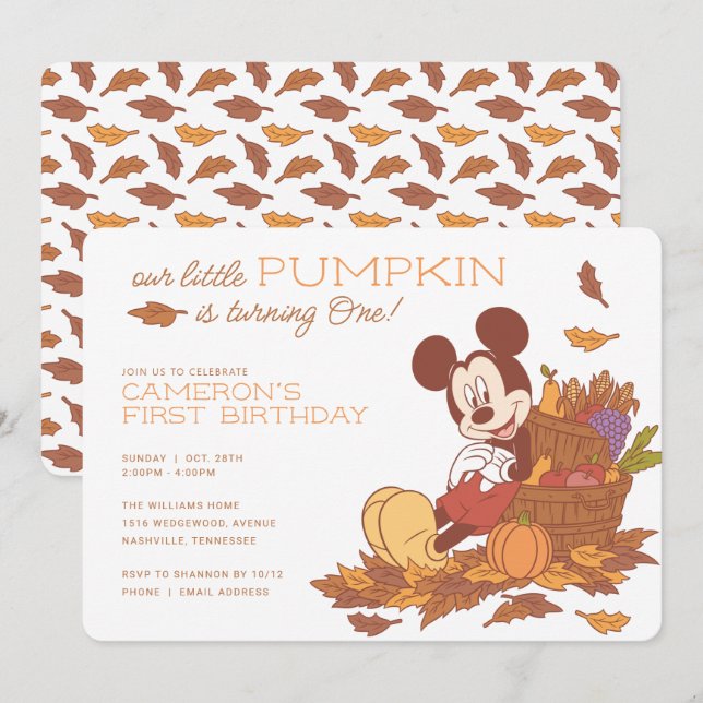 Invitation Mickey Mouse Automne Harvest Citrouille 1er annive (Devant / Derrière)