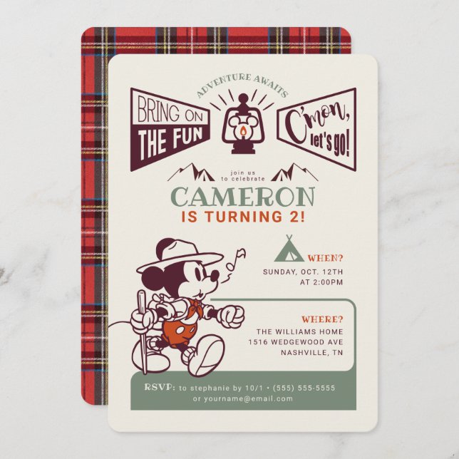 Invitation Mickey Mouse | Camp Adventure Await Anniversaire (Devant / Derrière)
