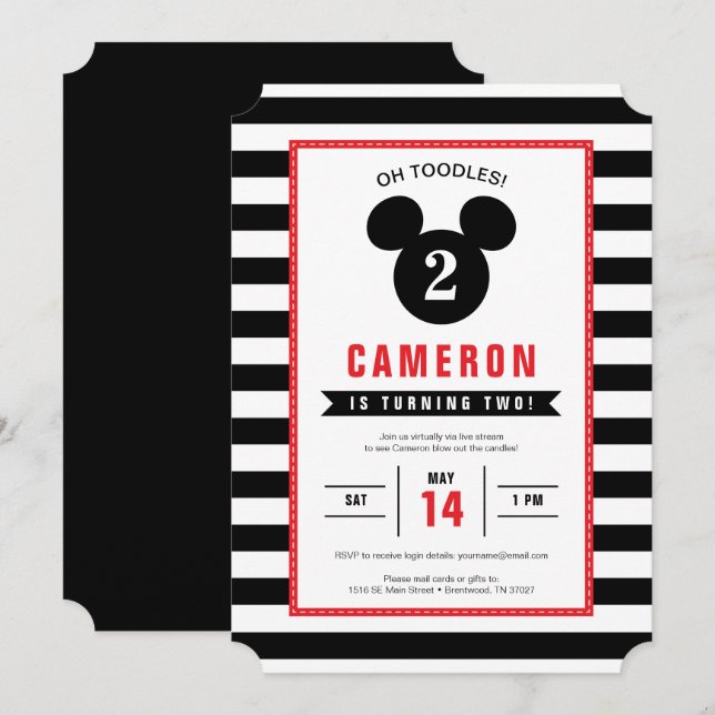 Invitation Mickey Mouse | Icône Black & White Virtual Birday (Devant / Derrière)
