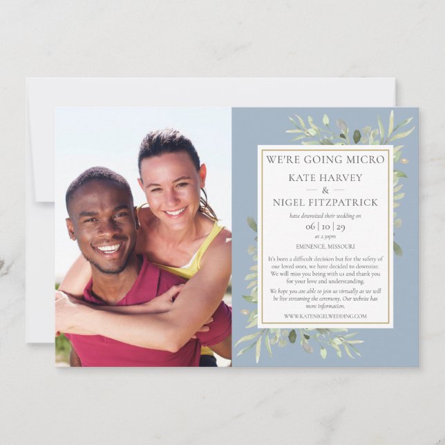 Invitation Micro Dusty Blue Greenery Mariage photo (Devant)
