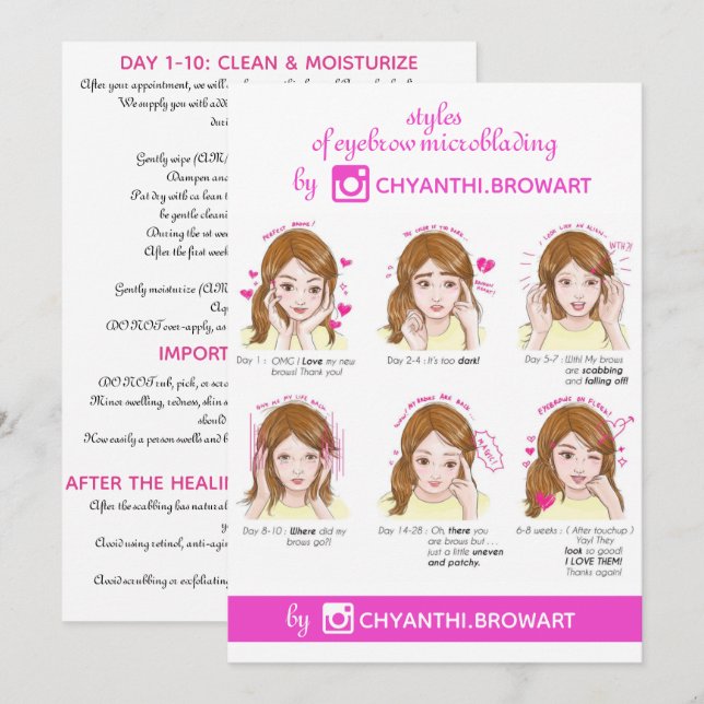 Invitation Microblading Eyebrow Instruction de post-soins ros (Devant / Derrière)