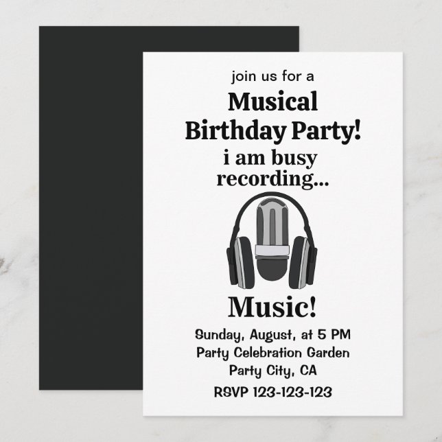 Invitation Microphone casque musical fête d'anniversaire (Devant / Derrière)