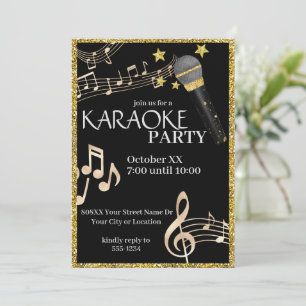 Invitation Microphone musical doré et noir pour soirée Karaok