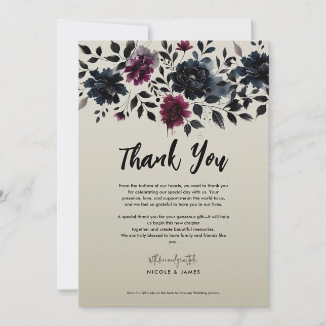 Invitation Midnight Blue Bourgogne Inky Floral Almond Mariage (Devant)