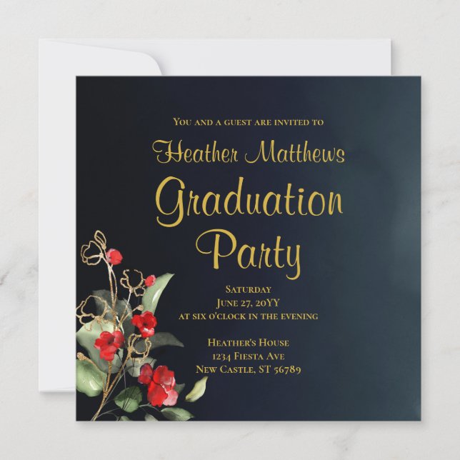 Invitation Midnight Blue Gold Red Floral Graduation Party (Devant)