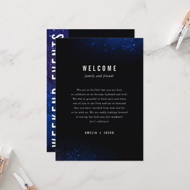 Invitation Midnight Sky Stars Galaxy Mariage Itinéraire (Devant/Arrière en situation)