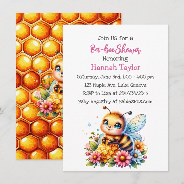 Invitation Miel abeille thème Baby shower de fille (Devant / Derrière)