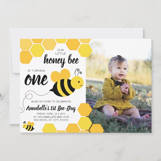 Invitation Miel Bee Girls First Birthday Photo (Devant)