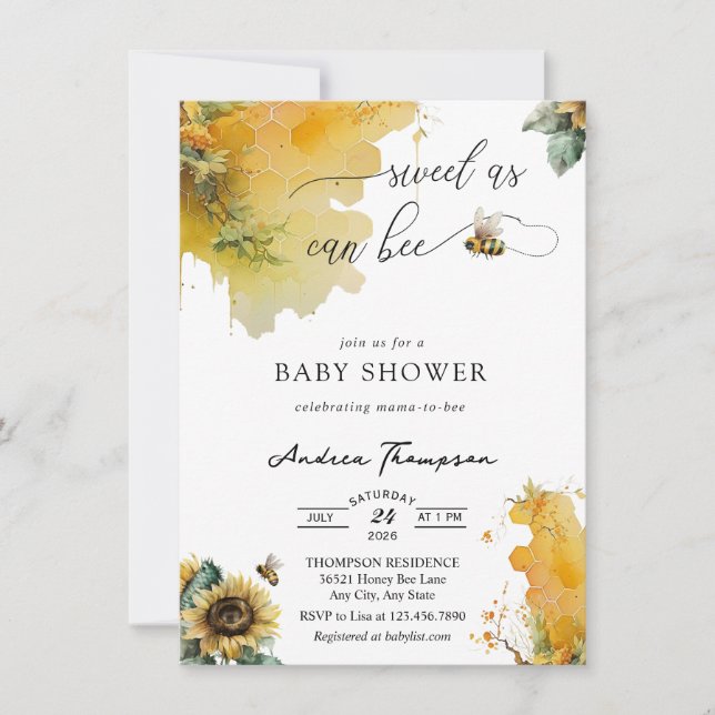 Invitation Miel Bee | Sunflower Bee Baby shower (Devant)