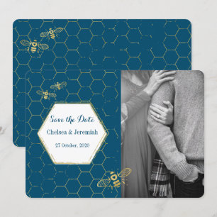 Invitation Miel Bee Turquoise Gold Photo personnalisée Enregi