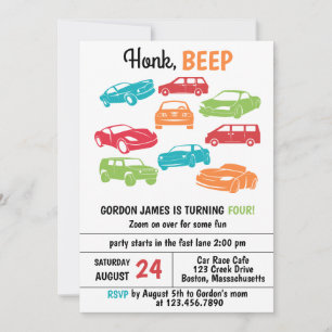 Invitation Miel Beep Automobile/Voitures Fête d'anniversaire