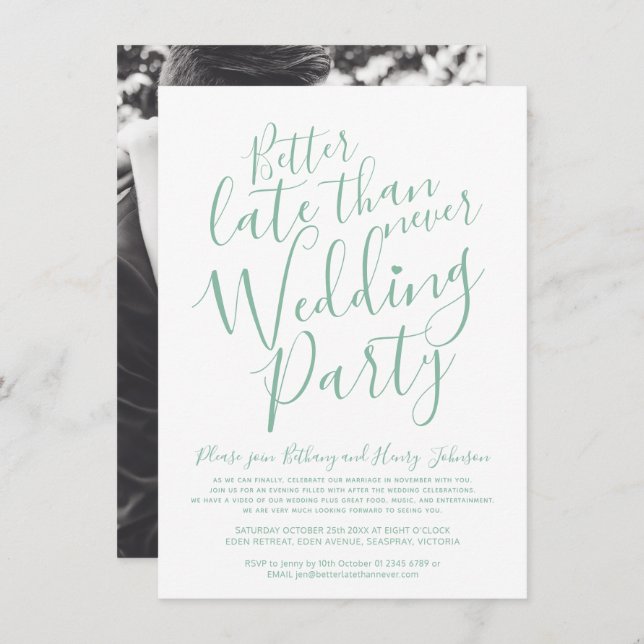 Invitation Mieux vaut tard que jamais mariage vert blanc (Devant / Derrière)