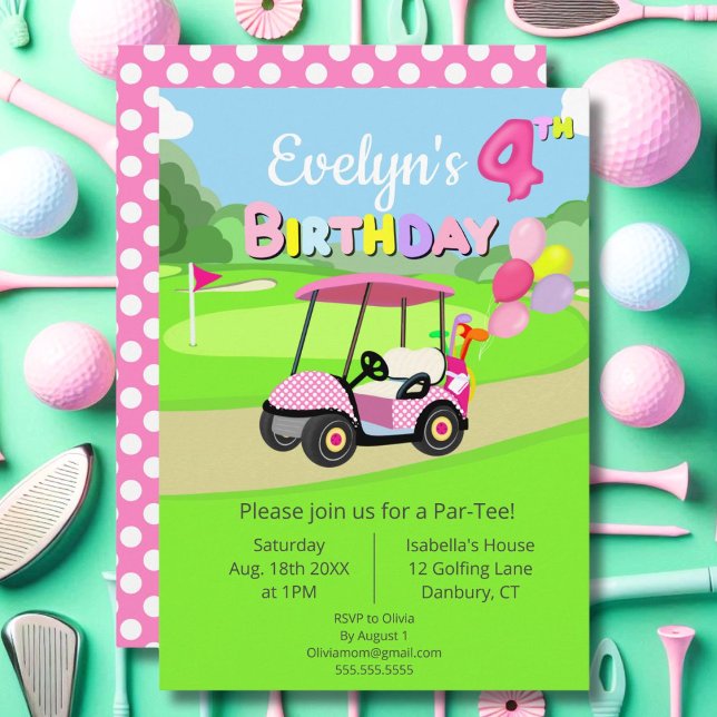 Invitation Mignon 4Anniversaire Polka Dot Rose Girl Golf (Créateur téléchargé)