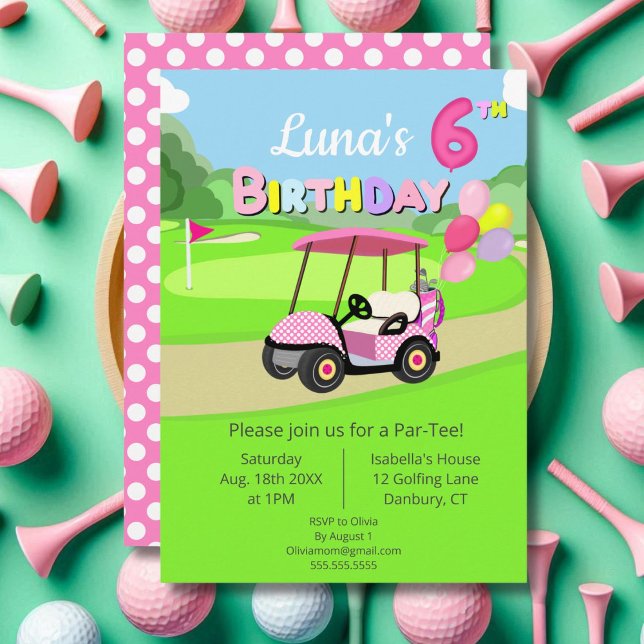 Invitation Mignon 6 Anniversaire Polka Dot Rose Girl Golf (Créateur téléchargé)