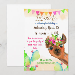 Invitation Mignon lama avec fleurs et cactus personnalisé pou