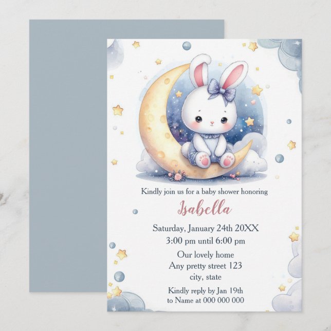 Invitation mignon lapin et beau baby shower de lune (Devant / Derrière)