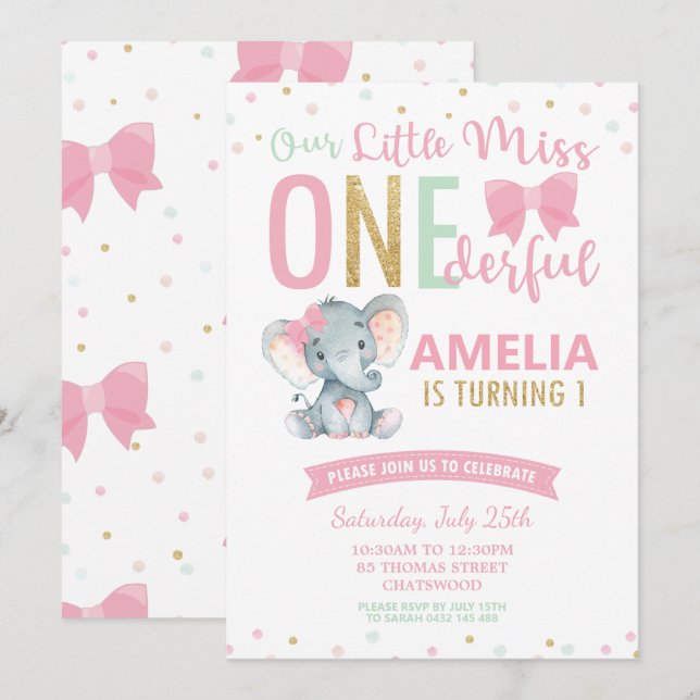 Invitation Mignon Miss ONEderful 1er Anniversaire Eléphant (Devant / Derrière)