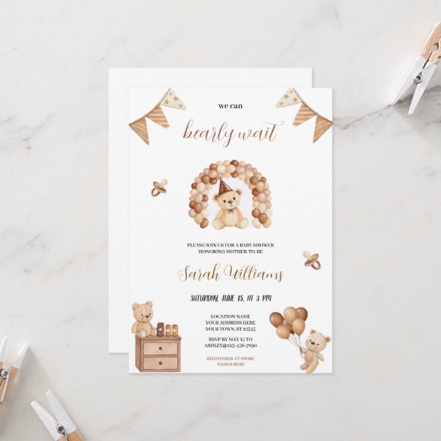 Invitation mignon on peut attendre brun ours babyshower (Devant/Arrière en situation)