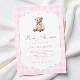 Invitation Mignon Ours en Peluche Nœud Papillon Rose Fille Ba