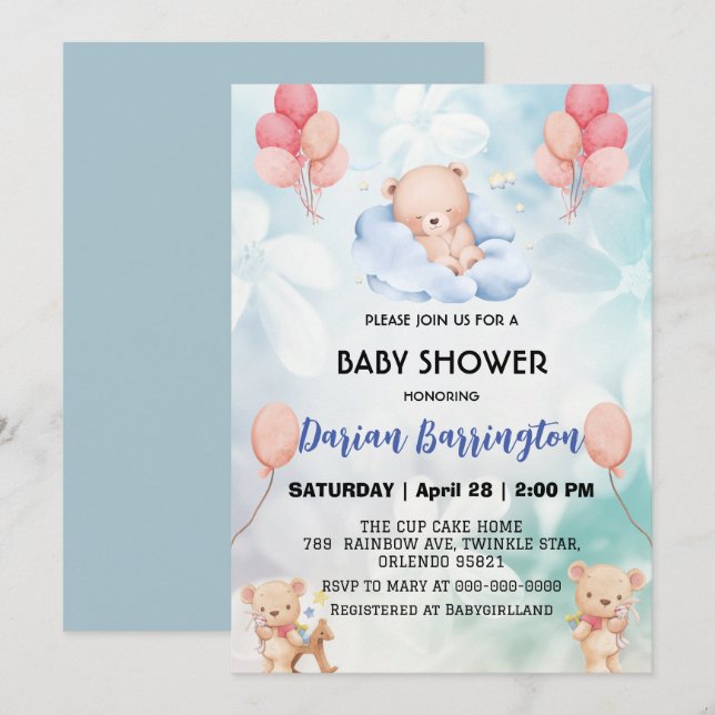 Invitation mignon ours ours fleurs floral ciel baby shower pa (Devant / Derrière)