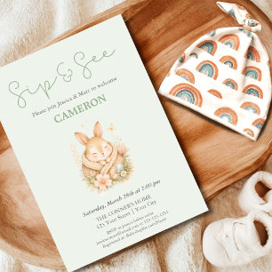 Invitation Mignon petit lapin vert sauge Sip and See