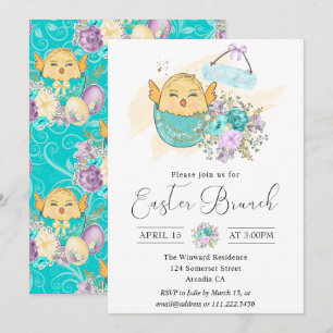 Invitation Mignon poussin floral aquarelle dans un œuf Brunch