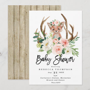 Invitation mignon renard boho baby shower moderne fleuri