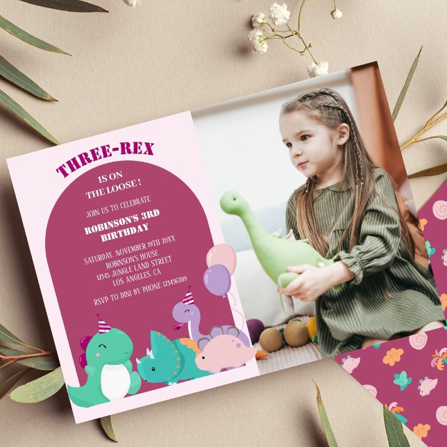 Invitation Mignon trois-rex 3e anniversaire de dinosaure Phot (Créateur téléchargé)