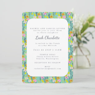 Invitation Mignon Vert Menthe Rose Floral Fleurs Bar Mitzvah