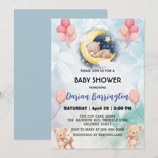 Invitation mignonette en peluche Bear ballon de fleurs baby s (Devant / Derrière)