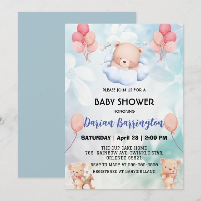 Invitation mignonette en peluche Bear ballon de fleurs baby s (Devant / Derrière)