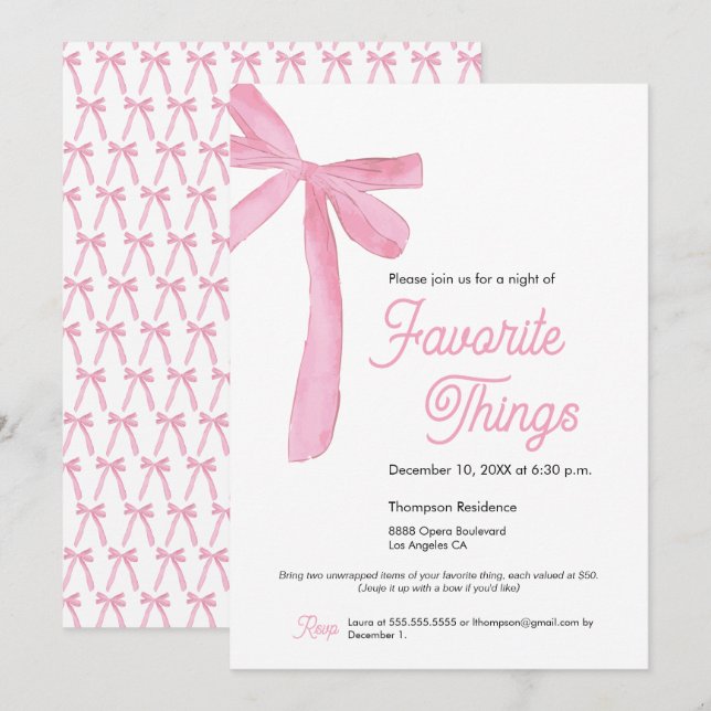 Invitation Mignonette Favoris Party Pink Bow (Devant / Derrière)