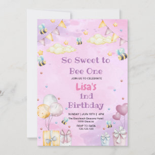 Invitation Mignonne 1er Anniversaire Honey Sweet Bee Purpule
