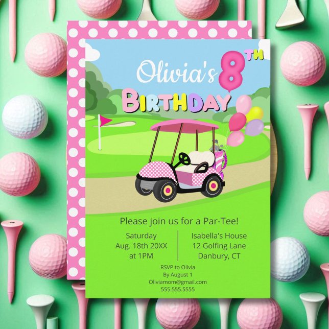 Invitation Mignonne 8e anniversaire Polka Dot Rose Girl Golf (Créateur téléchargé)