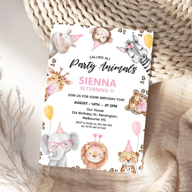 Invitation Mignonne Appeler Tous les Animaux de fête Safari 1 (Calling All Party Animals Safari Birthday Invitation Girl, Wild One, Safari 1st Birthday Invite)