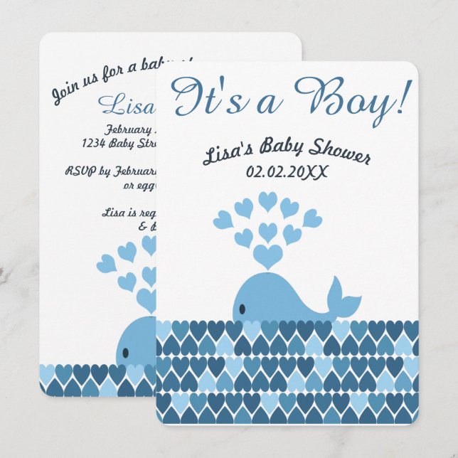 Invitation Mignonne baleine C'est un garçon !Baby shower (Devant / Derrière)