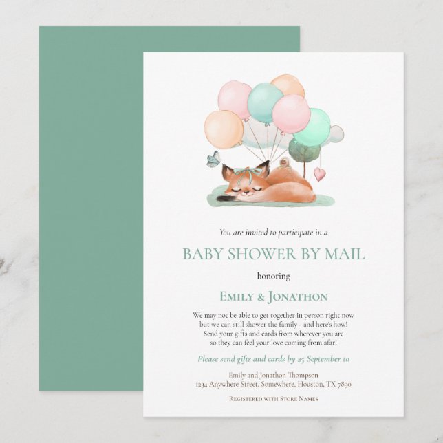 Invitation Mignonne Balloon Fox couchage Baby shower Turquois (Devant / Derrière)