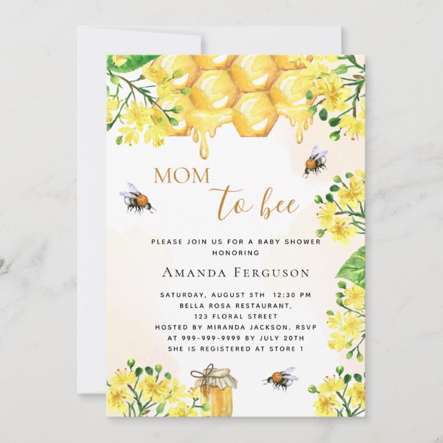 Invitation Mignonne Bee Baby shower fleurit jaune maman à abe (Devant)