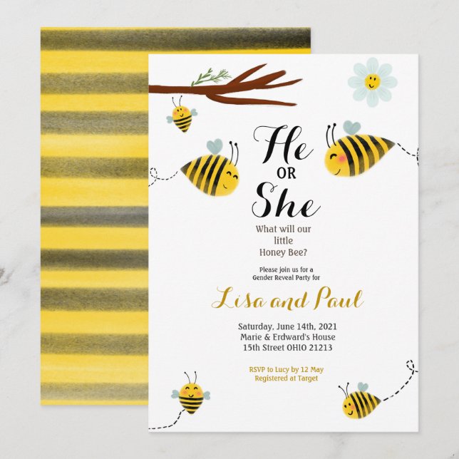 Invitation Mignonne Bee He ou She Genre Reveveillez Invitatio (Devant / Derrière)