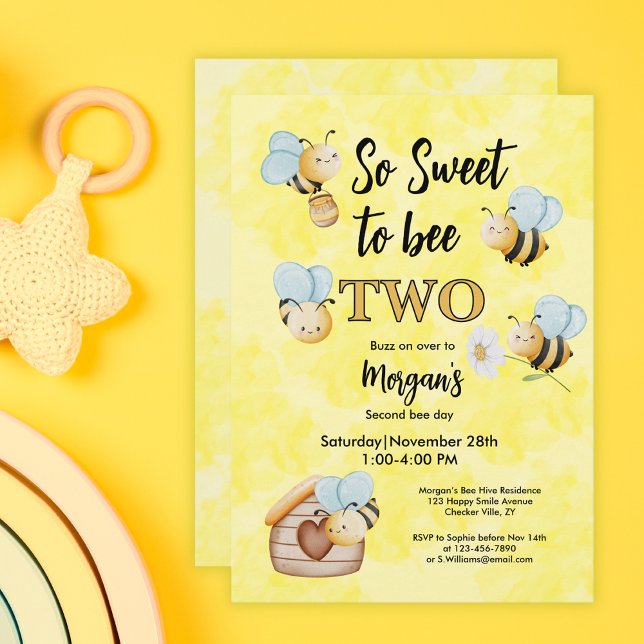 Invitation Mignonne Bee Two Jaune Noir Deuxième fête d'annive (Créateur téléchargé)