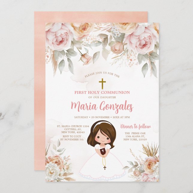 Invitation Mignonne Bible Première Sainte Communion Peach Flo (Devant / Derrière)