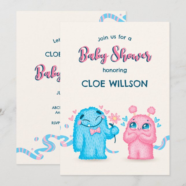 Invitation Mignonne bleu rose Monster sexe révéler baby showe (Devant / Derrière)