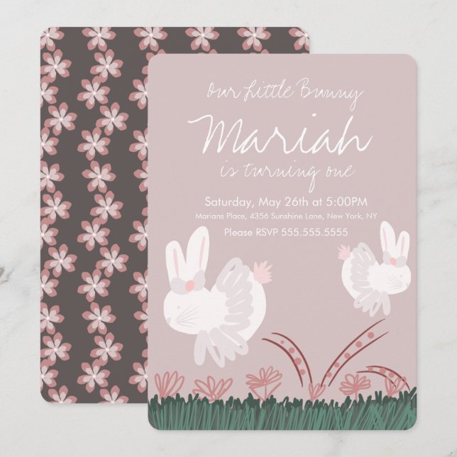 Invitation Mignonne Bunny Pâques 1er Anniversaire Main tirée (Devant / Derrière)
